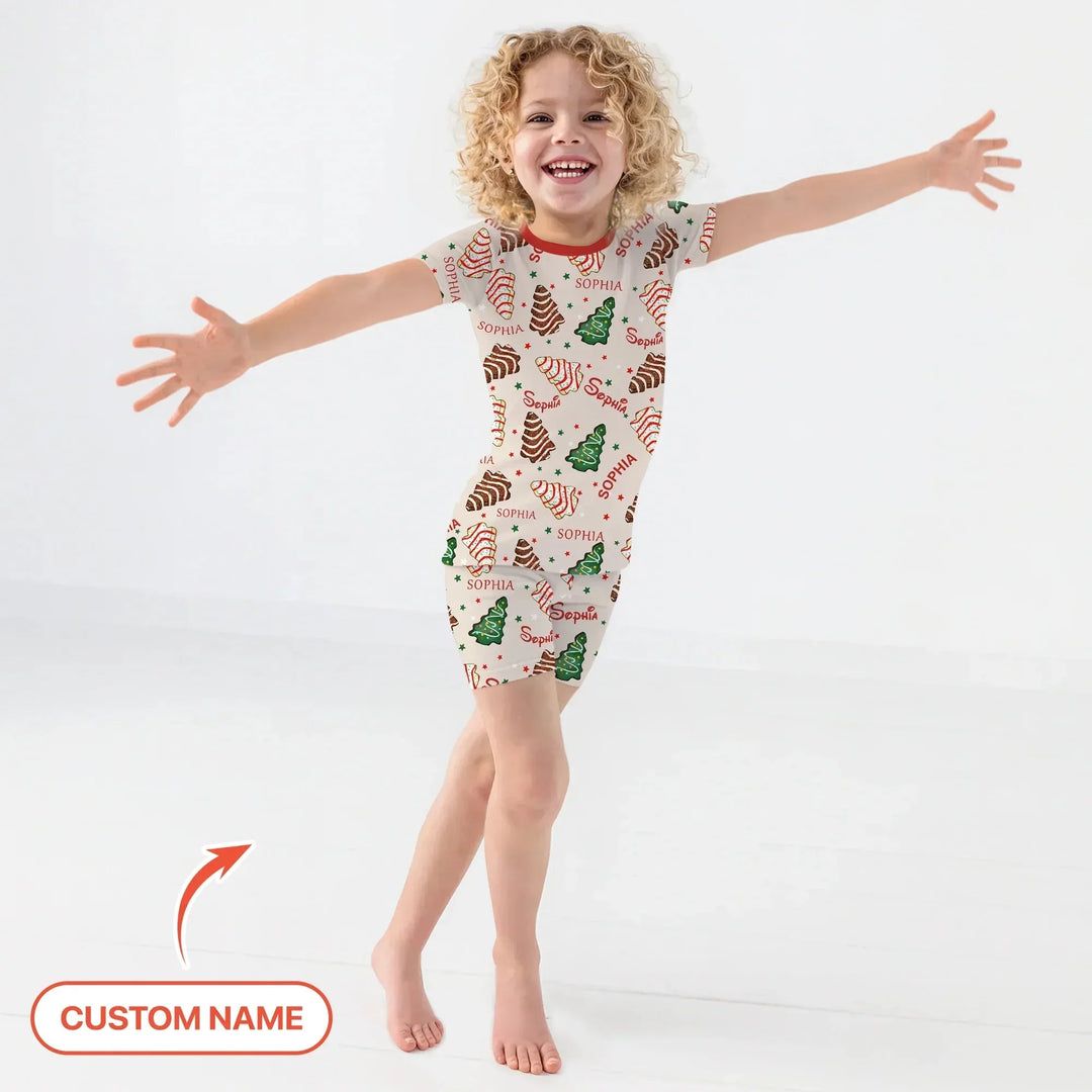 Christmas Tree Cake Custom Name Two Piece Short Sleeve Shorts Pajama Set , Christmas Tree Cake Custom Name Two Piece Short Sleeve Shorts Pajama Set - 12-18M
