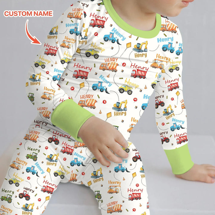 Construction Vehicles Custom Name Two Piece Long Sleeve Pajama Set , Construction Vehicles Custom Name Two Piece Long Sleeve Pajama Set - 12-18M