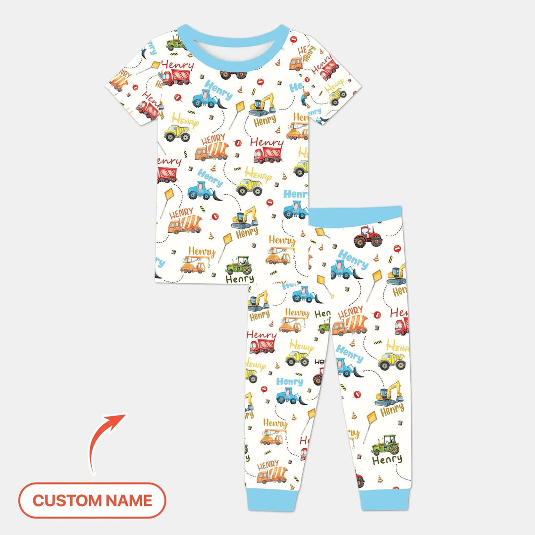 Construction Vehicles Custom Name Two Piece Short Sleeve Pajama Set , Construction Vehicles Custom Name Two Piece Short Sleeve Pajama Set - 12-18M