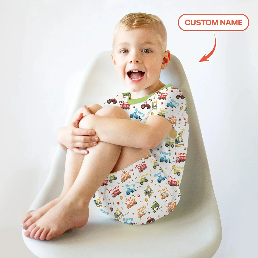 Construction Vehicles Custom Name Two Piece Short Sleeve Shorts Pajama Set , Construction Vehicles Custom Name Two Piece Short Sleeve Shorts Pajama Set - 12-18M