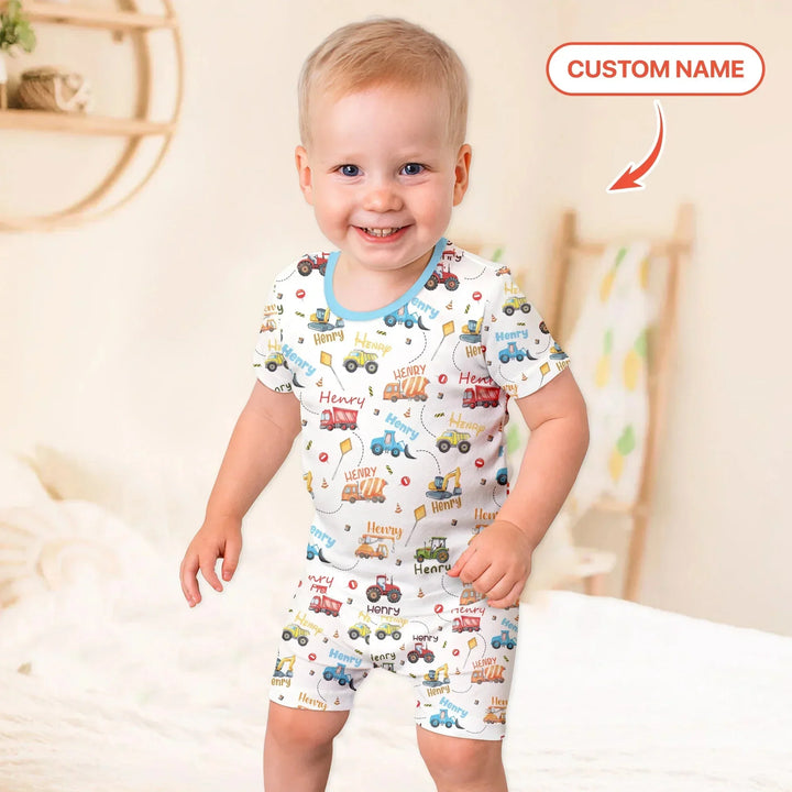 Construction Vehicles Custom Name Two Piece Short Sleeve Shorts Pajama Set , Construction Vehicles Custom Name Two Piece Short Sleeve Shorts Pajama Set - 12-18M