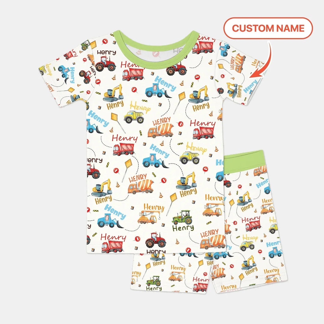 Construction Vehicles Custom Name Two Piece Short Sleeve Shorts Pajama Set , Construction Vehicles Custom Name Two Piece Short Sleeve Shorts Pajama Set - 12-18M