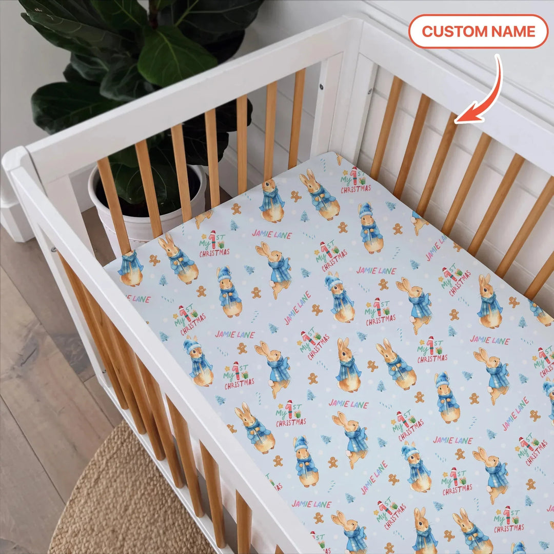 Custom 1st Christmas Rabbit Fitted Crib Sheet , Custom 1st Christmas Rabbit Fitted Crib Sheet - Default Title