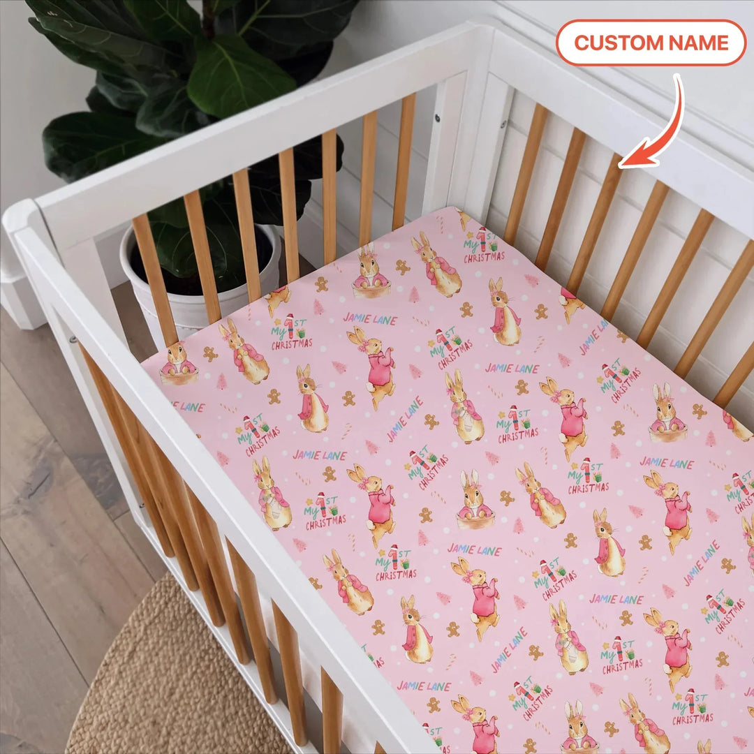 Custom 1st Christmas Rabbit Fitted Crib Sheet , Custom 1st Christmas Rabbit Fitted Crib Sheet - Default Title