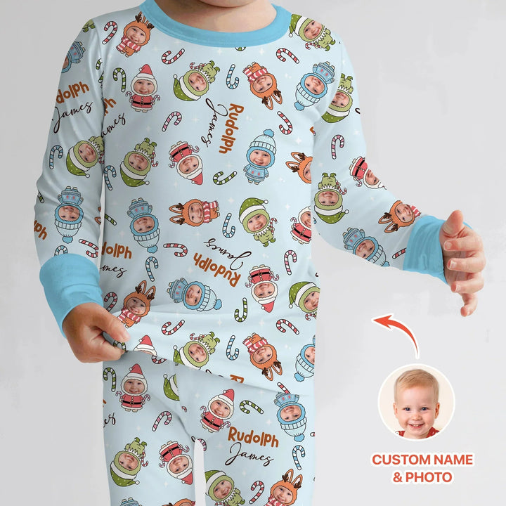 Custom Baby Photo Christmas Bear Two Piece Long Sleeve Pajama Set , Custom Baby Photo Christmas Bear Two Piece Long Sleeve Pajama Set - 12-18M