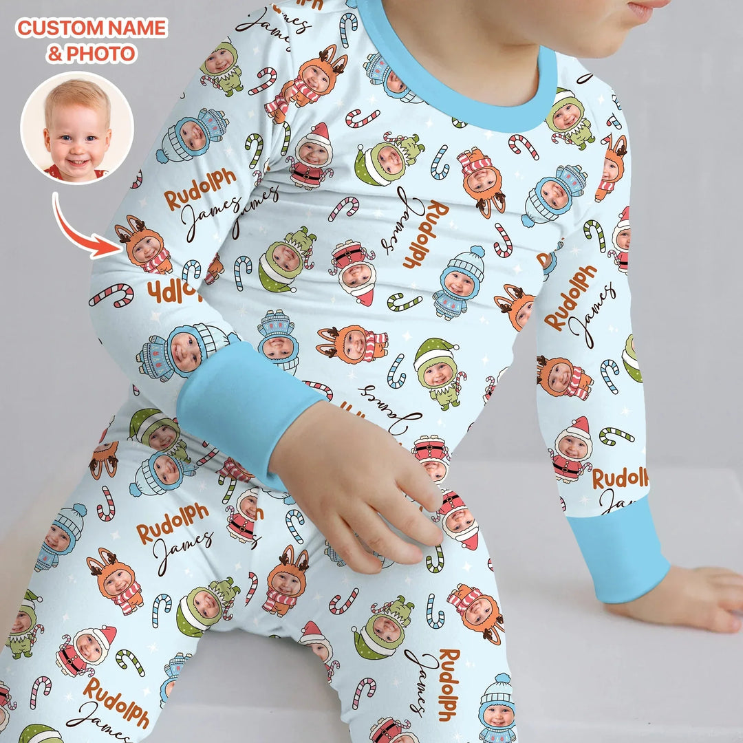 Custom Baby Photo Christmas Bear Two Piece Long Sleeve Pajama Set , Custom Baby Photo Christmas Bear Two Piece Long Sleeve Pajama Set - 12-18M