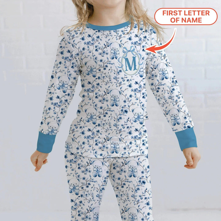 Custom Blue Chinoiserie Teddy Two Piece Long Sleeve Pajama Set , Custom Blue Chinoiserie Teddy Two Piece Long Sleeve Pajama Set - 12-18M