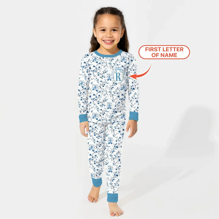 Custom Blue Chinoiserie Teddy Two Piece Long Sleeve Pajama Set , Custom Blue Chinoiserie Teddy Two Piece Long Sleeve Pajama Set - 12-18M