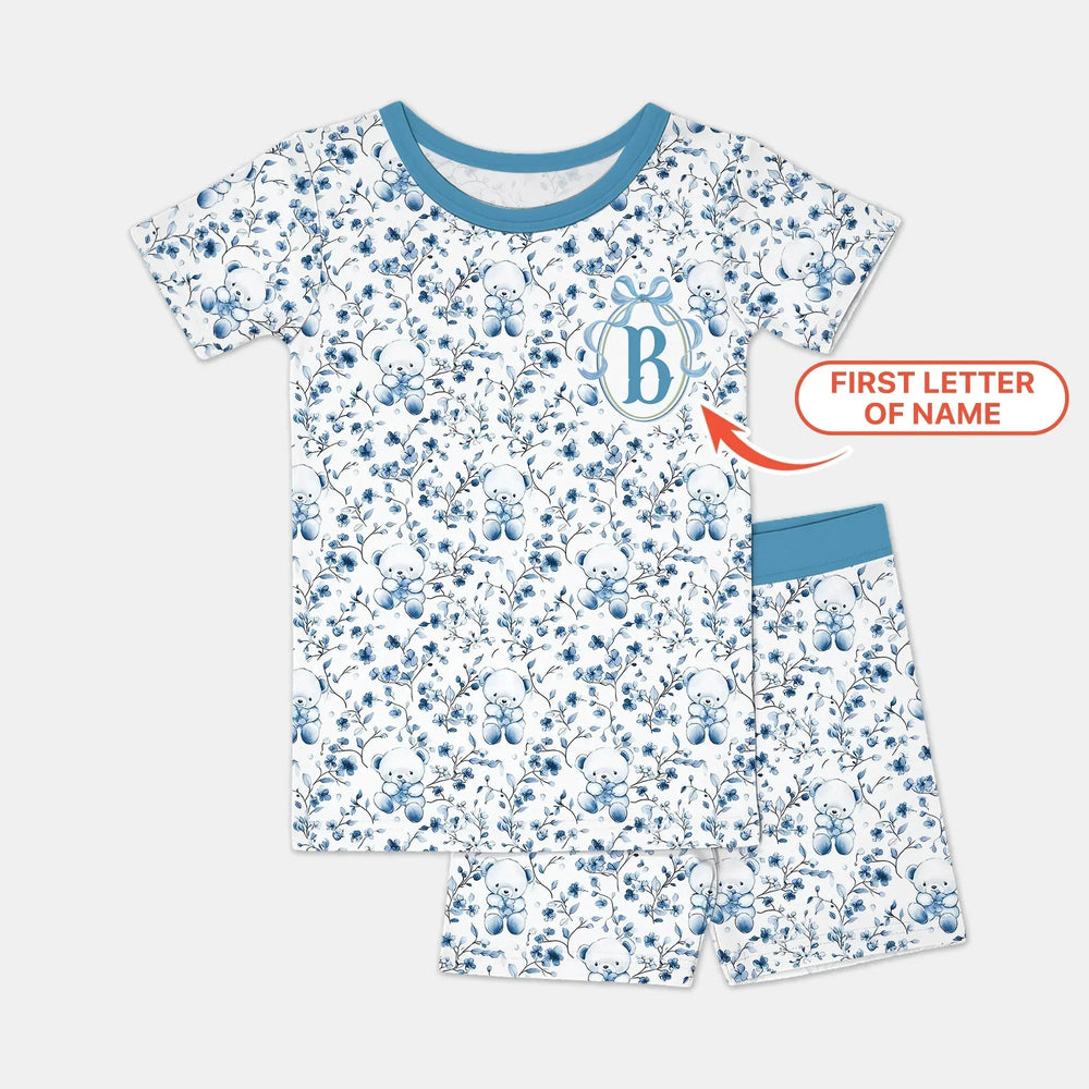 Custom Blue Chinoiserie Teddy Two Piece Short Sleeve Shorts Pajama Set , Custom Blue Chinoiserie Teddy Two Piece Short Sleeve Shorts Pajama Set - 12-18M