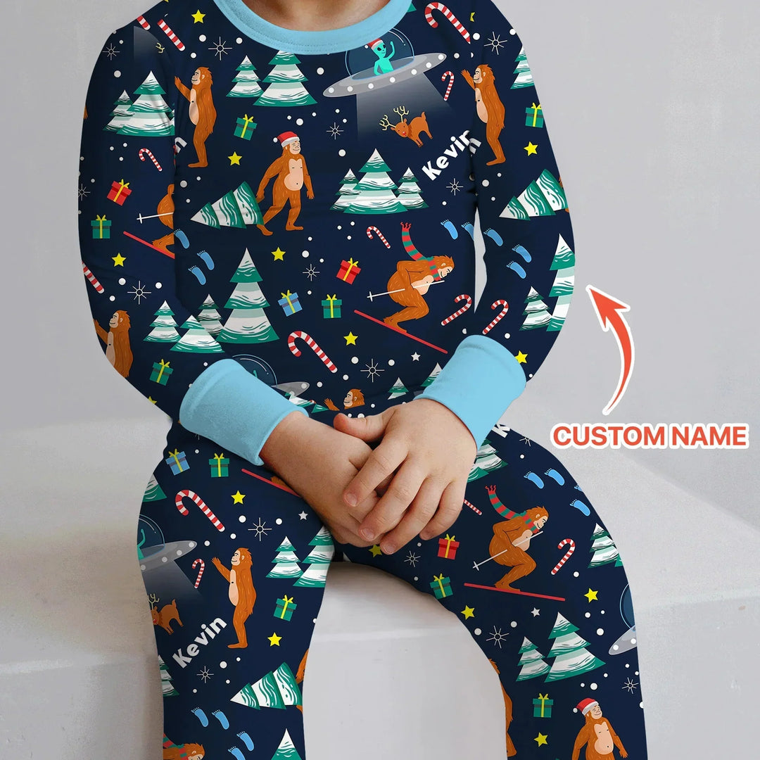 Custom Christmas Bigfoot Two Piece Long Sleeve Pajama Set , Custom Christmas Bigfoot Two Piece Long Sleeve Pajama Set - 12-18M