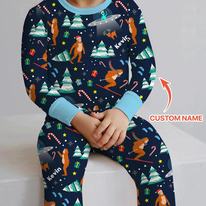 Custom Christmas Bigfoot Two Piece Long Sleeve Pajama Set , Custom Christmas Bigfoot Two Piece Long Sleeve Pajama Set - 12-18M