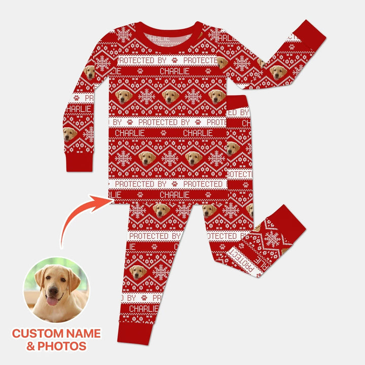 Custom Dog Photo Fair Isle Christmas Two Piece Long Sleeve Pajama Set , Custom Dog Photo Fair Isle Christmas Two Piece Long Sleeve Pajama Set - 12-18M