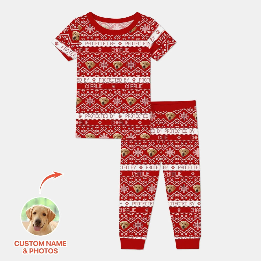 Custom Dog Photo Fair Isle Christmas Two Piece Short Sleeve Pajama Set , Custom Dog Photo Fair Isle Christmas Two Piece Short Sleeve Pajama Set - 12-18M