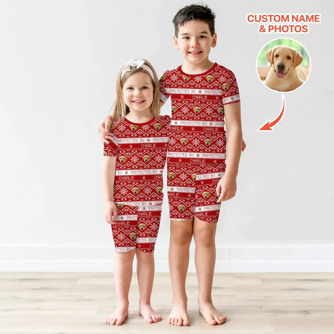 Custom Dog Photo Fair Isle Christmas Two Piece Short Sleeve Shorts Pajama Set , Custom Dog Photo Fair Isle Christmas Two Piece Short Sleeve Shorts Pajama Set - 12-18M