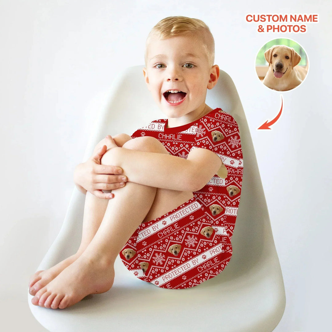 Custom Dog Photo Fair Isle Christmas Two Piece Short Sleeve Shorts Pajama Set , Custom Dog Photo Fair Isle Christmas Two Piece Short Sleeve Shorts Pajama Set - 12-18M
