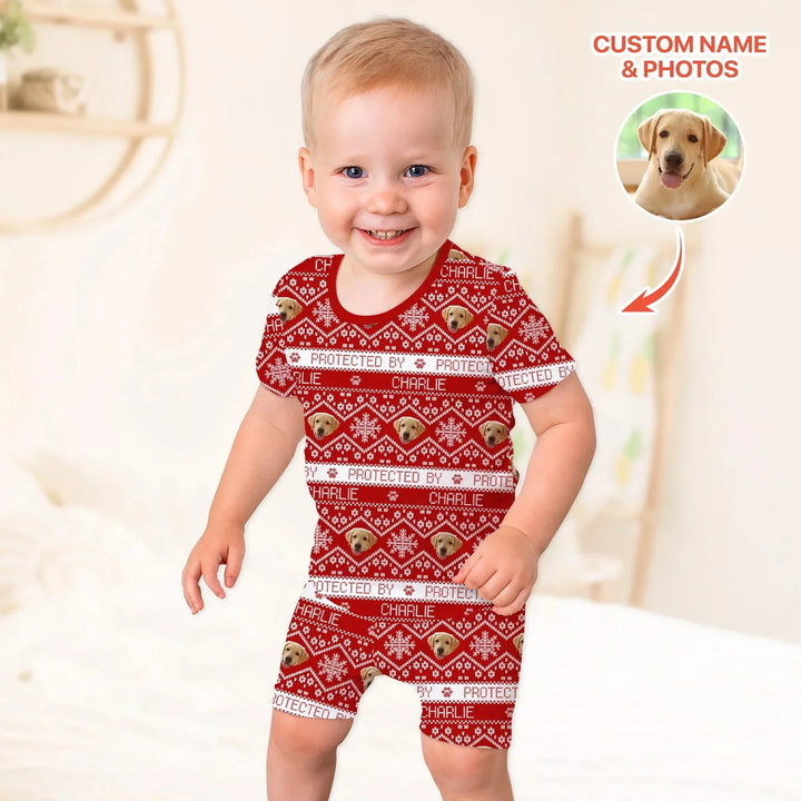 Custom Dog Photo Fair Isle Christmas Two Piece Short Sleeve Shorts Pajama Set , Custom Dog Photo Fair Isle Christmas Two Piece Short Sleeve Shorts Pajama Set - 12-18M