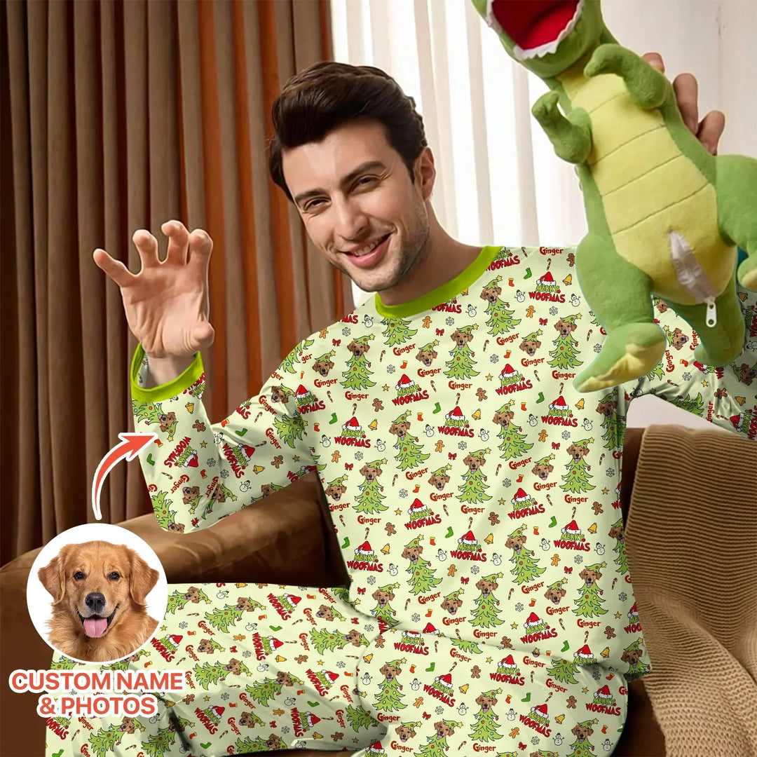 Custom Dog Photo Merry Woofmas Men's Pajama Set , Custom Dog Photo Merry Woofmas Men's Pajama Set - Only Shirt / XS