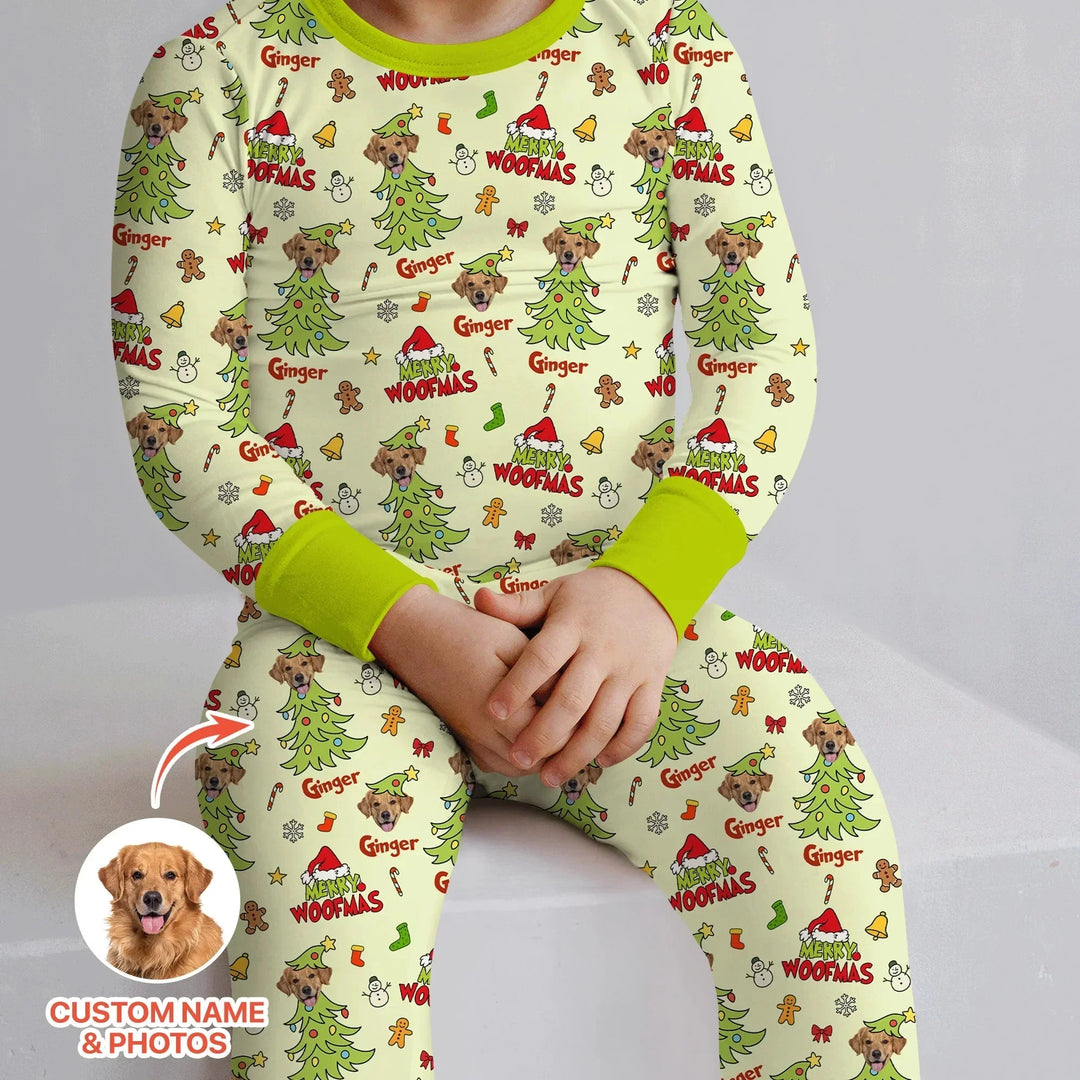 Custom Dog Photo Merry Woofmas Two Piece Long Sleeve Pajama Set , Custom Dog Photo Merry Woofmas Two Piece Long Sleeve Pajama Set - 12-18M
