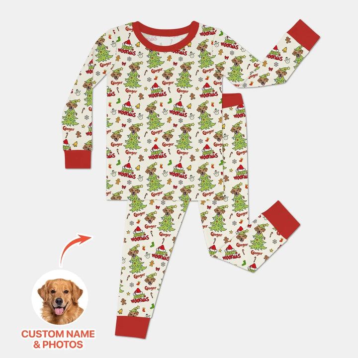 Custom Dog Photo Merry Woofmas Two Piece Long Sleeve Pajama Set , Custom Dog Photo Merry Woofmas Two Piece Long Sleeve Pajama Set - 12-18M