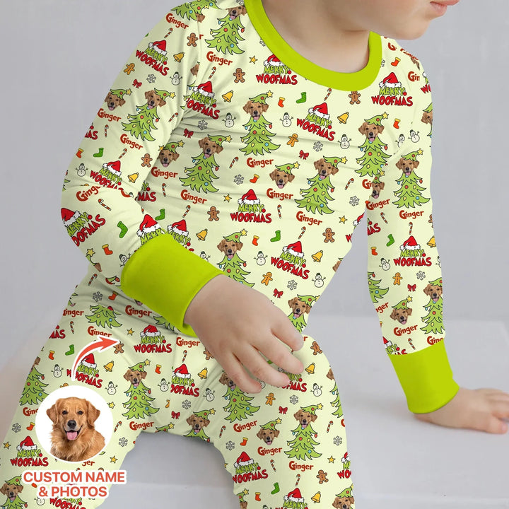 Custom Dog Photo Merry Woofmas Two Piece Long Sleeve Pajama Set , Custom Dog Photo Merry Woofmas Two Piece Long Sleeve Pajama Set - 12-18M