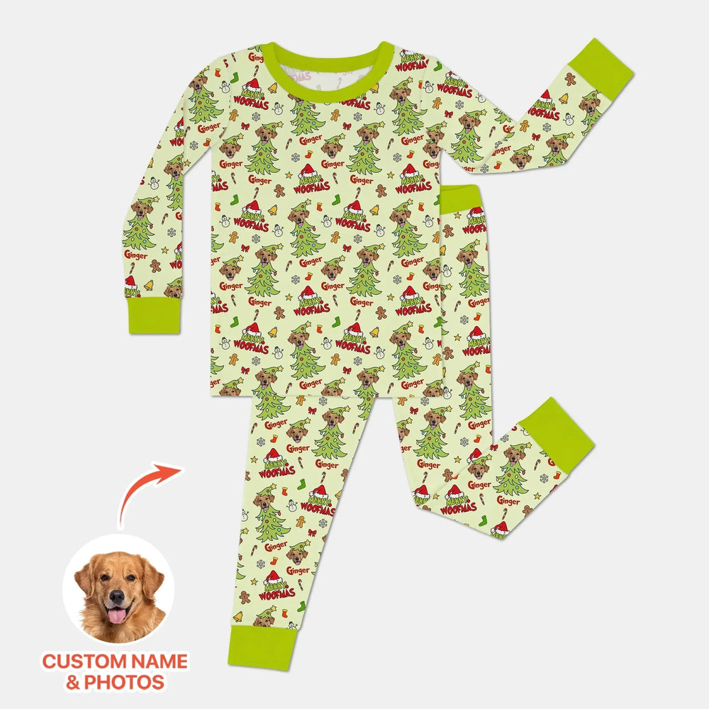 Custom Dog Photo Merry Woofmas Two Piece Long Sleeve Pajama Set , Custom Dog Photo Merry Woofmas Two Piece Long Sleeve Pajama Set - 12-18M