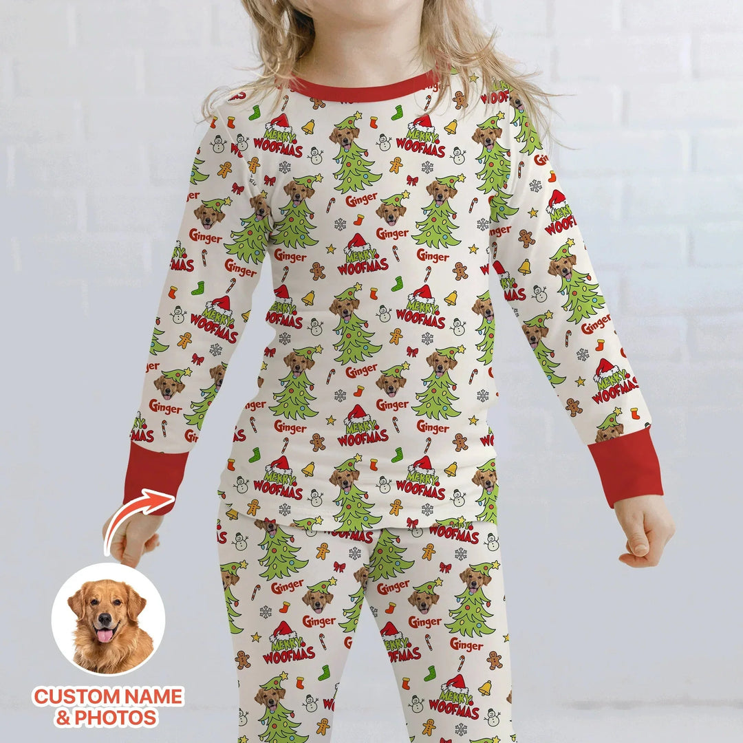 Custom Dog Photo Merry Woofmas Two Piece Long Sleeve Pajama Set , Custom Dog Photo Merry Woofmas Two Piece Long Sleeve Pajama Set - 12-18M
