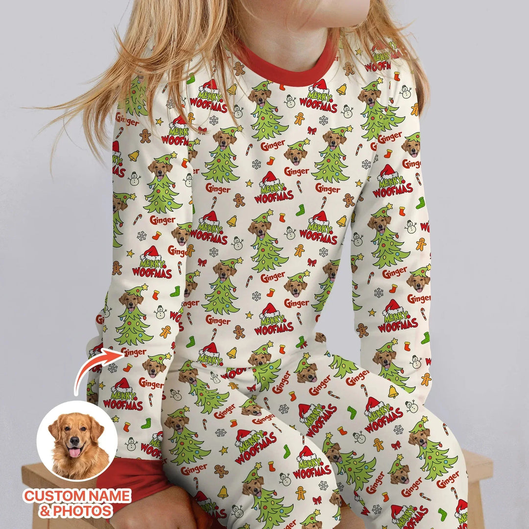 Custom Dog Photo Merry Woofmas Two Piece Long Sleeve Pajama Set , Custom Dog Photo Merry Woofmas Two Piece Long Sleeve Pajama Set - 12-18M