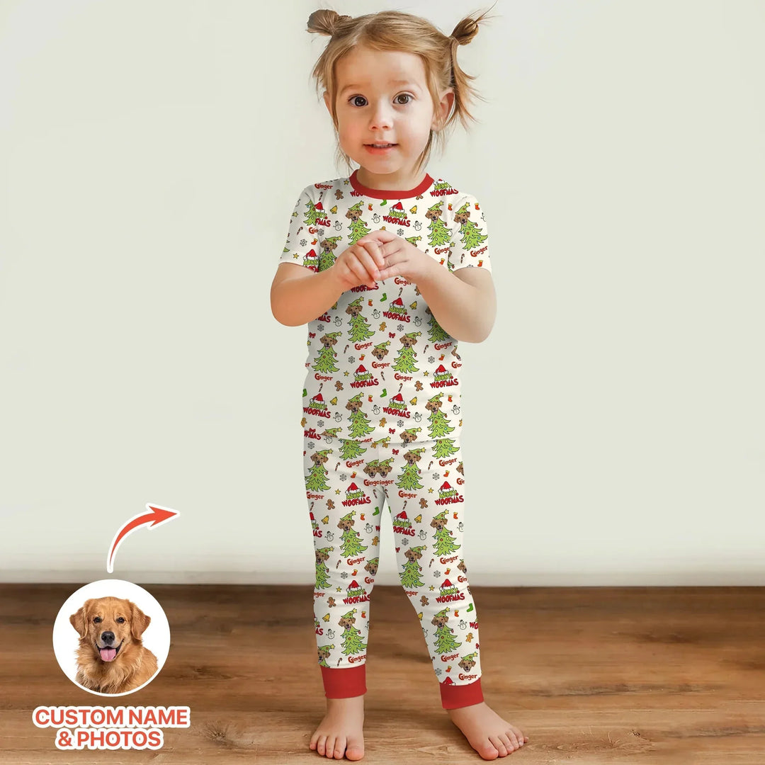 Custom Dog Photo Merry Woofmas Two Piece Short Sleeve Pajama Set , Custom Dog Photo Merry Woofmas Two Piece Short Sleeve Pajama Set - 12-18M