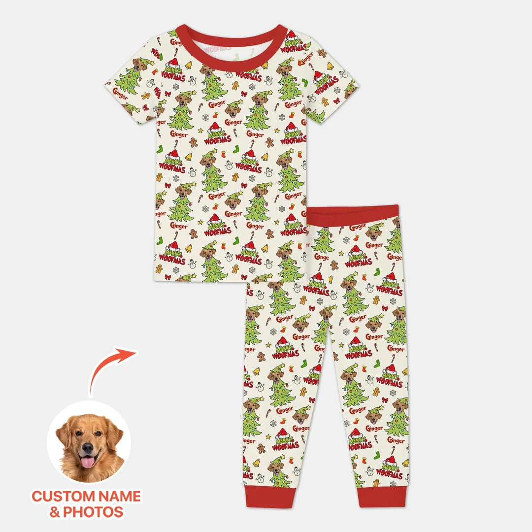 Custom Dog Photo Merry Woofmas Two Piece Short Sleeve Pajama Set , Custom Dog Photo Merry Woofmas Two Piece Short Sleeve Pajama Set - 12-18M