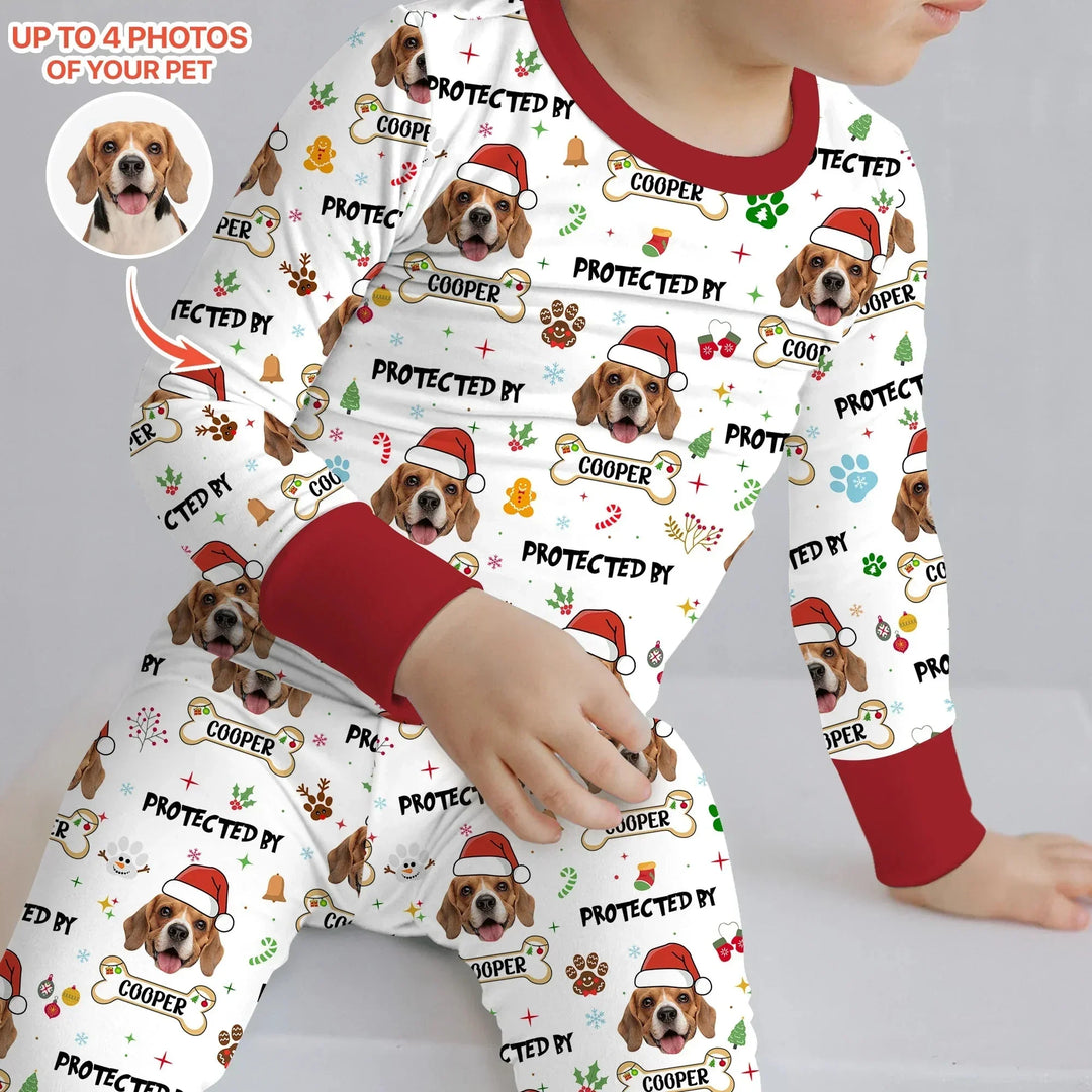 Custom Dog Photo "Protected By" Christmas Two Piece Long Sleeve Pajama Set , Custom Dog Photo "Protected By" Christmas Two Piece Long Sleeve Pajama Set - 12-18M