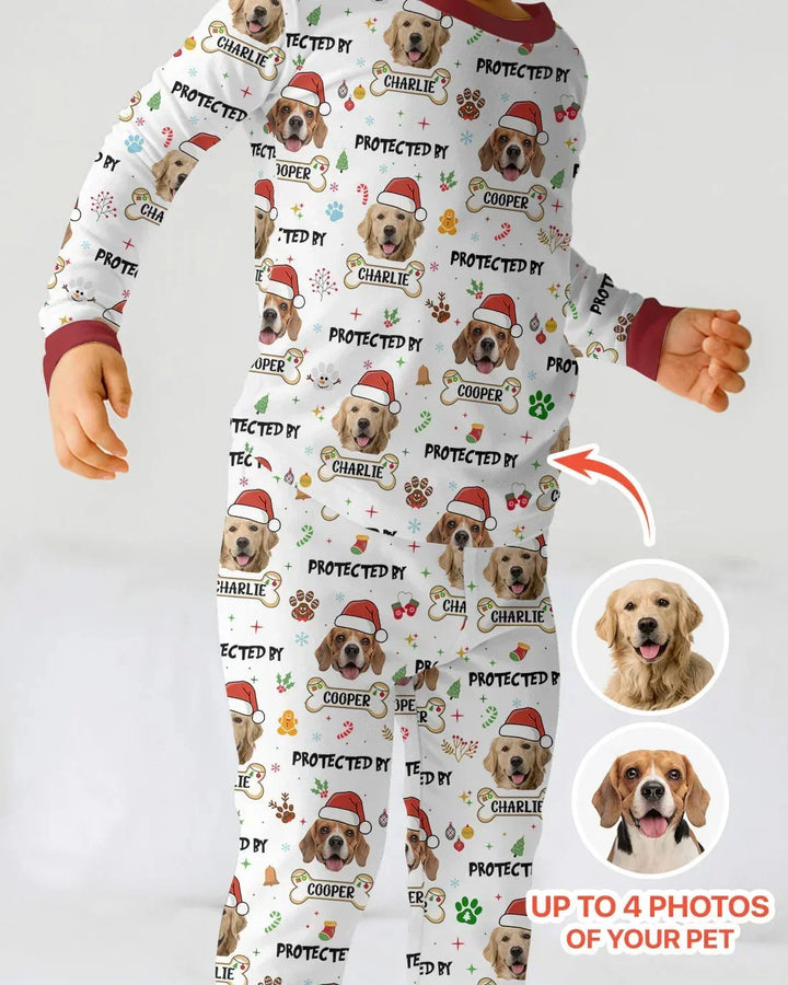 Custom Dog Photo "Protected By" Christmas Two Piece Long Sleeve Pajama Set , Custom Dog Photo "Protected By" Christmas Two Piece Long Sleeve Pajama Set - 12-18M