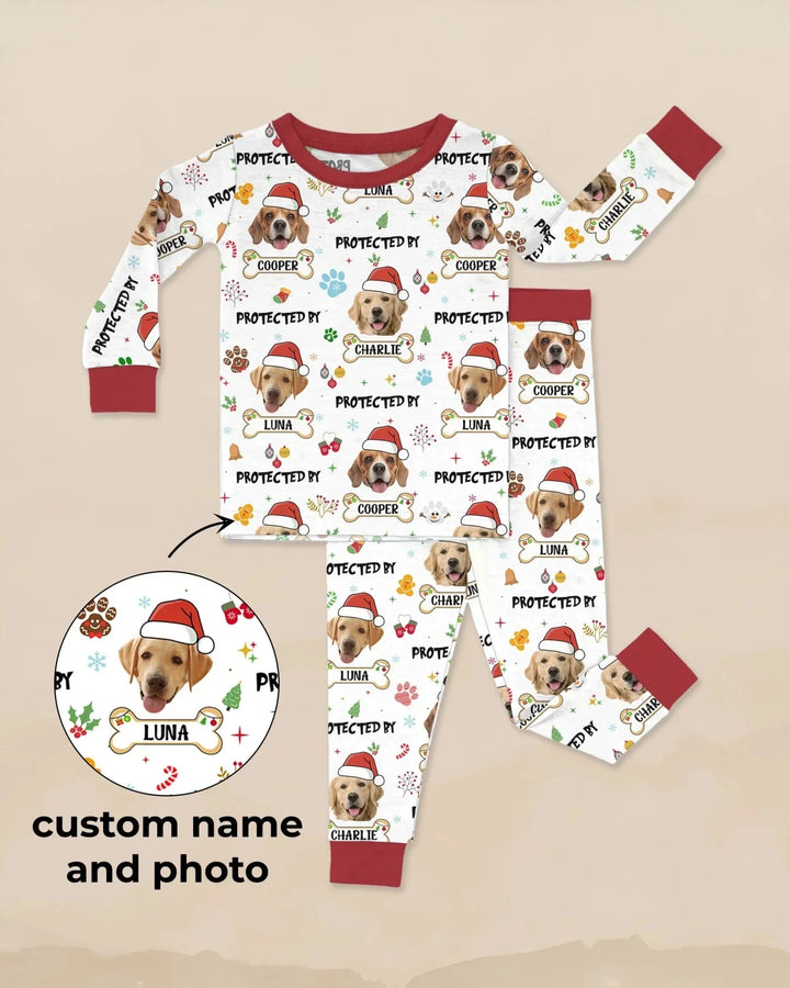 Custom Dog Photo "Protected By" Christmas Two Piece Long Sleeve Pajama Set , Custom Dog Photo "Protected By" Christmas Two Piece Long Sleeve Pajama Set - 12-18M