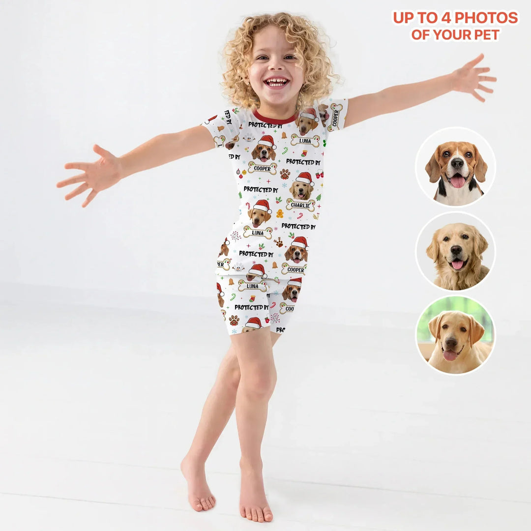 Custom Dog Photo "Protected By" Christmas Two Piece Short Sleeve Shorts Pajama Set , Custom Dog Photo "Protected By" Christmas Two Piece Short Sleeve Shorts Pajama Set - 12-18M