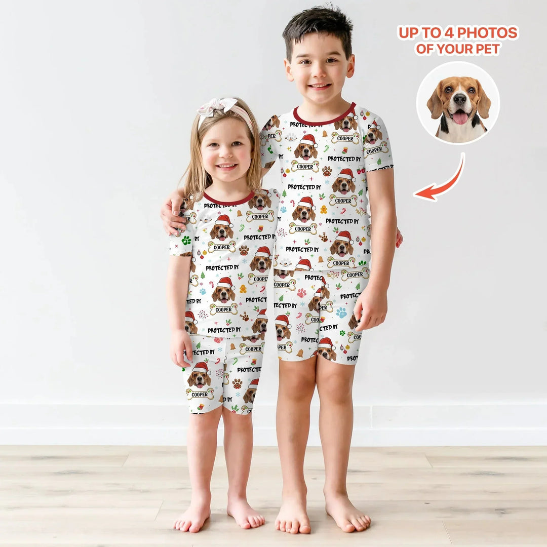 Custom Dog Photo "Protected By" Christmas Two Piece Short Sleeve Shorts Pajama Set , Custom Dog Photo "Protected By" Christmas Two Piece Short Sleeve Shorts Pajama Set - 12-18M