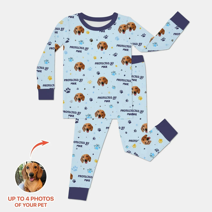 Custom Dog Photos "Protected By" Pawfect Blue Two Piece Long Sleeve Pajama Set , Custom Dog Photos "Protected By" Pawfect Blue Two Piece Long Sleeve Pajama Set - 12-18M