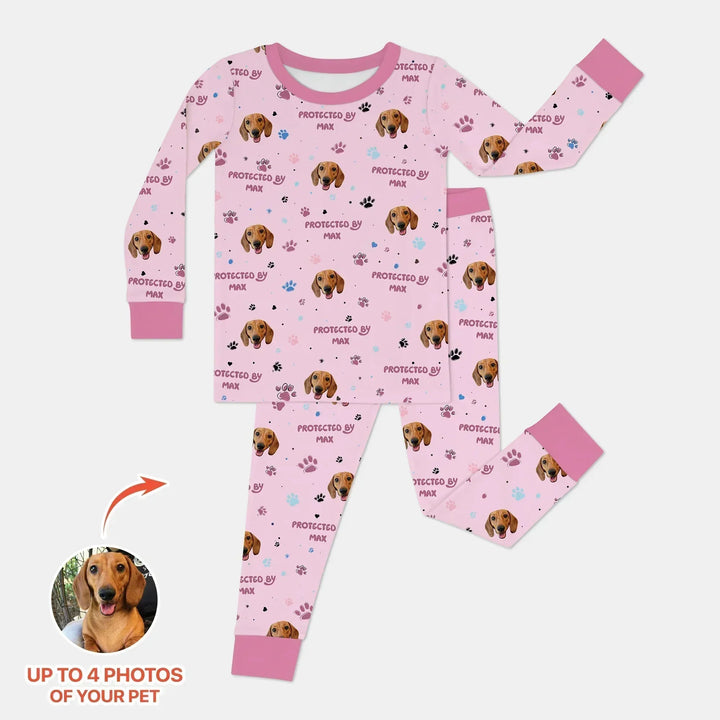 Custom Dog Photos "Protected By" Pawfect Blue Two Piece Long Sleeve Pajama Set , Custom Dog Photos "Protected By" Pawfect Blue Two Piece Long Sleeve Pajama Set - 12-18M