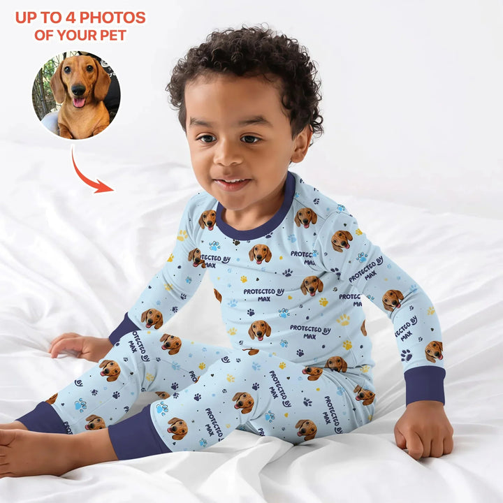 Custom Dog Photos "Protected By" Pawfect Blue Two Piece Long Sleeve Pajama Set , Custom Dog Photos "Protected By" Pawfect Blue Two Piece Long Sleeve Pajama Set - 12-18M