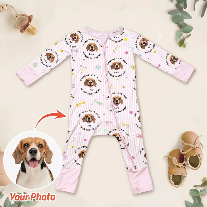 Custom Dogs Photo "Going home to meet my new best friend" Convertible Zippered Romper , Custom Dogs Photo "Going home to meet my new best friend" Convertible Zippered Romper - 0-3M