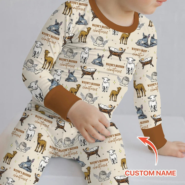 Custom Name Baby Blessed Christmas Two Piece Long Sleeve Pajama Set , Custom Name Baby Blessed Christmas Two Piece Long Sleeve Pajama Set - 12-18M