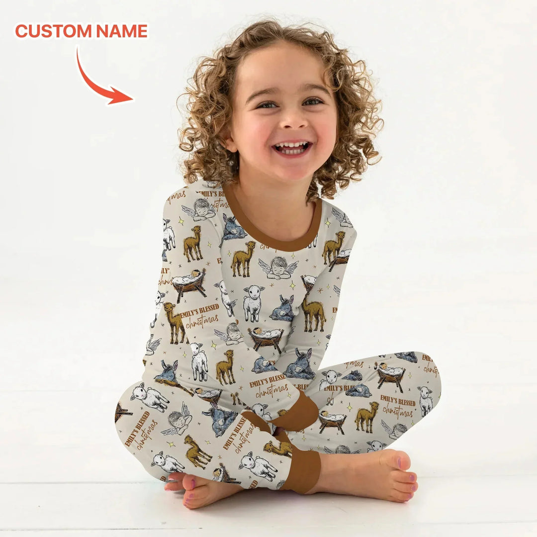Custom Name Baby Blessed Christmas Two Piece Long Sleeve Pajama Set , Custom Name Baby Blessed Christmas Two Piece Long Sleeve Pajama Set - 12-18M