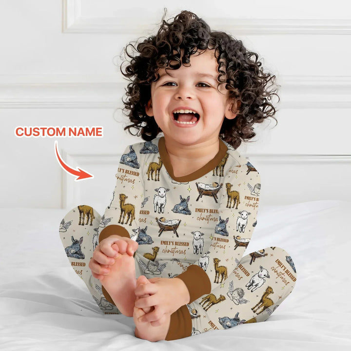 Custom Name Baby Blessed Christmas Two Piece Long Sleeve Pajama Set , Custom Name Baby Blessed Christmas Two Piece Long Sleeve Pajama Set - 12-18M