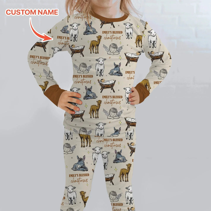Custom Name Baby Blessed Christmas Two Piece Long Sleeve Pajama Set , Custom Name Baby Blessed Christmas Two Piece Long Sleeve Pajama Set - 12-18M
