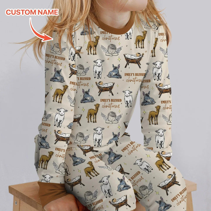 Custom Name Baby Blessed Christmas Two Piece Long Sleeve Pajama Set , Custom Name Baby Blessed Christmas Two Piece Long Sleeve Pajama Set - 12-18M