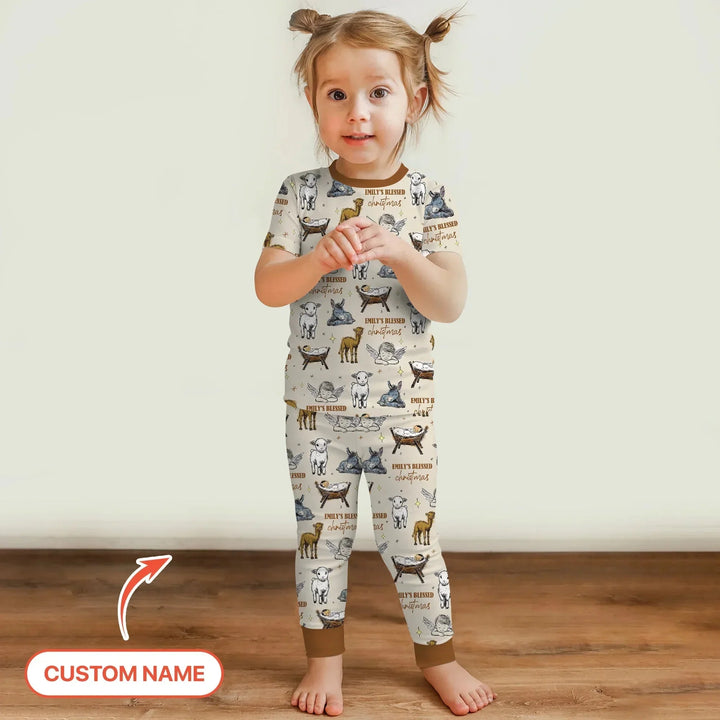 Custom Name Baby Blessed Christmas Two Piece Short Sleeve Pajama Set , Custom Name Baby Blessed Christmas Two Piece Short Sleeve Pajama Set - 12-18M