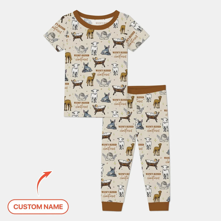 Custom Name Baby Blessed Christmas Two Piece Short Sleeve Pajama Set , Custom Name Baby Blessed Christmas Two Piece Short Sleeve Pajama Set - 12-18M
