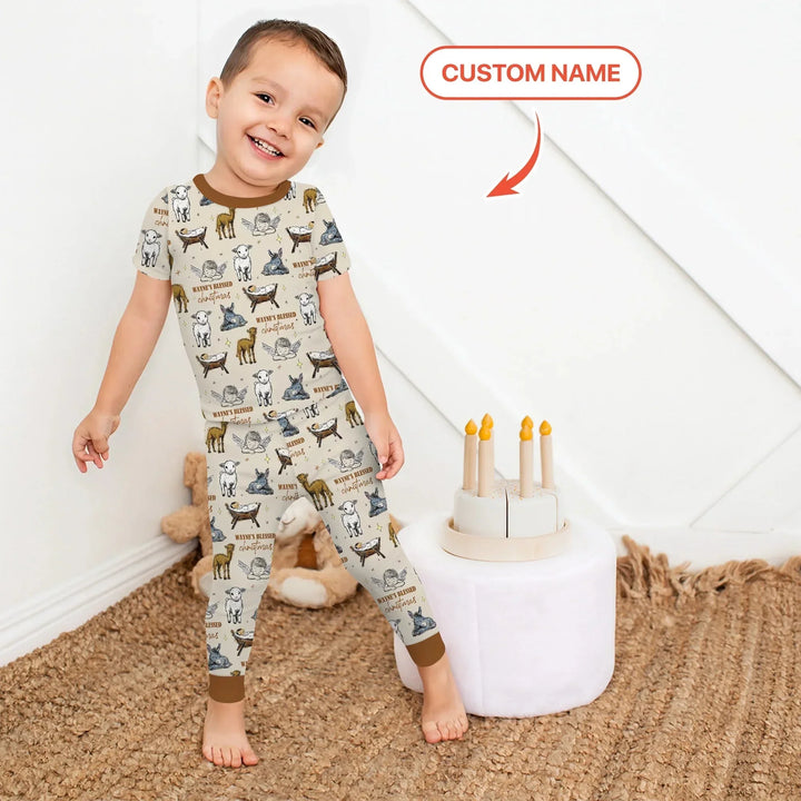 Custom Name Baby Blessed Christmas Two Piece Short Sleeve Pajama Set , Custom Name Baby Blessed Christmas Two Piece Short Sleeve Pajama Set - 12-18M