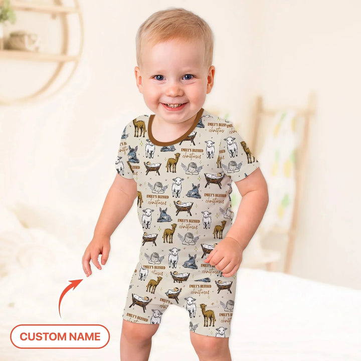 Custom Name Baby Blessed Christmas Two Piece Short Sleeve Shorts Pajama Set , Custom Name Baby Blessed Christmas Two Piece Short Sleeve Shorts Pajama Set - 12-18M
