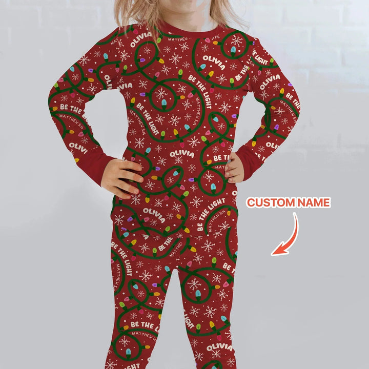 Custom Name Be The Light Christmas Two Piece Long Sleeve Pajama Set , Custom Name Be The Light Christmas Two Piece Long Sleeve Pajama Set - 12-18M