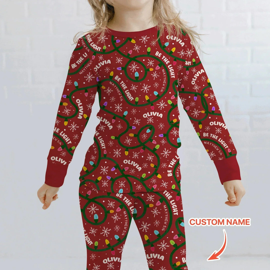 Custom Name Be The Light Christmas Two Piece Long Sleeve Pajama Set , Custom Name Be The Light Christmas Two Piece Long Sleeve Pajama Set - 12-18M