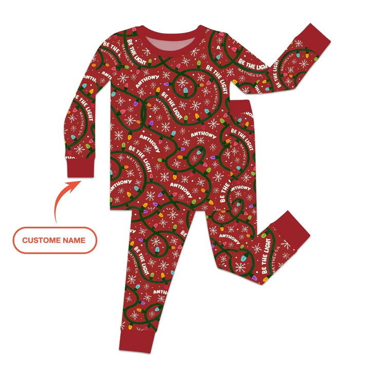 Custom Name Be The Light Christmas Two Piece Long Sleeve Pajama Set , Custom Name Be The Light Christmas Two Piece Long Sleeve Pajama Set - 12-18M